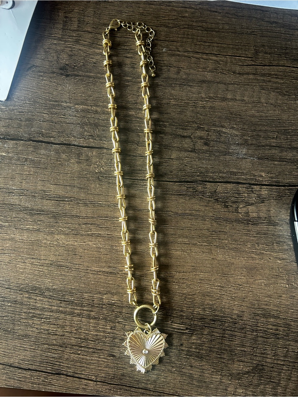 Gold Statement Chain Necklace Heart Pendant Rhinestone Charm